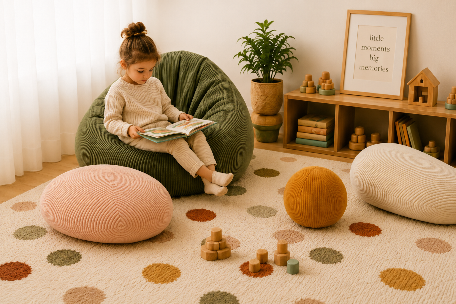 Child reading in a green Naviku bean bag in a warm playroom