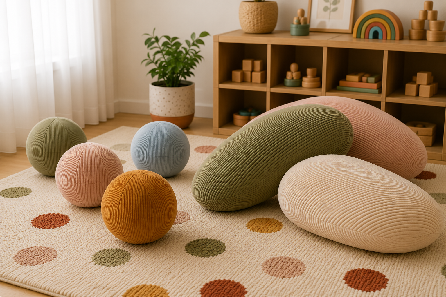 Naviku floor cushions and fabric balls in a warm playroom