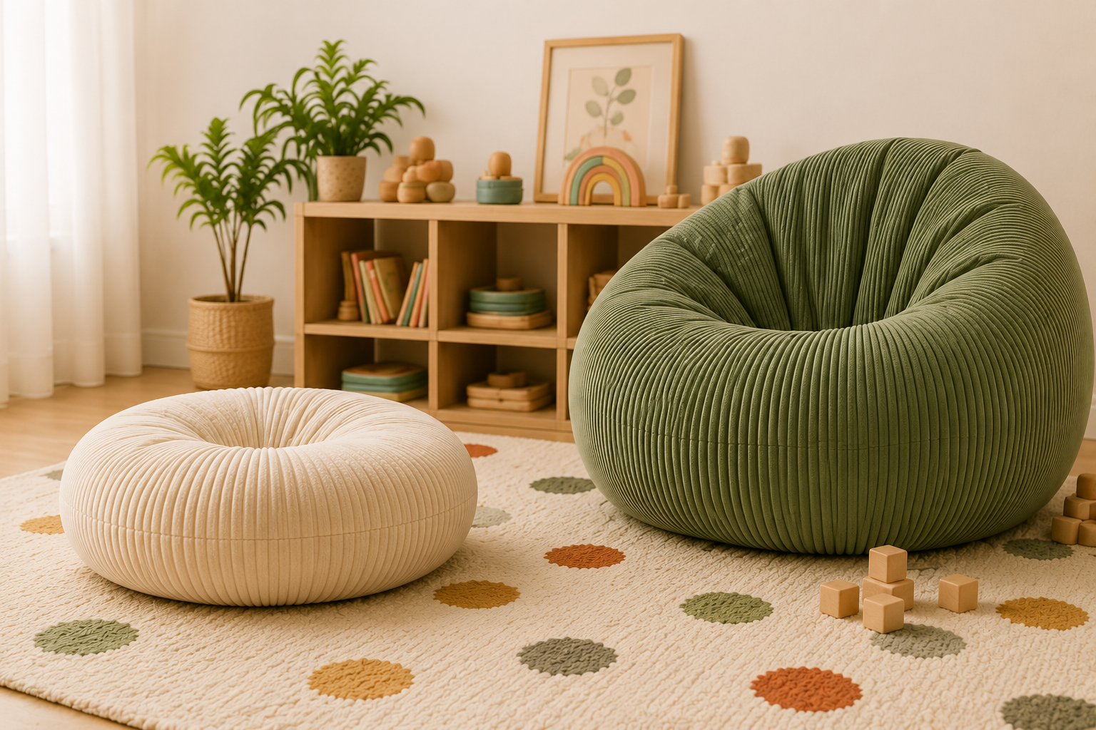 A cream floor pod and sage green Naviku bean bag in a natural playroom
