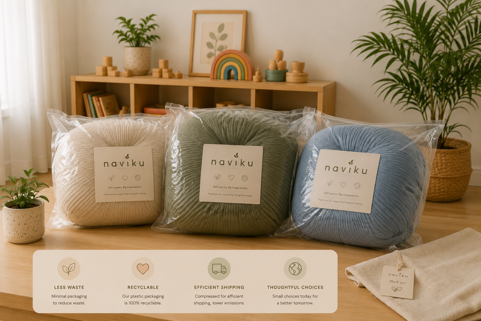 Naviku cushions compressed in clear recyclable packaging