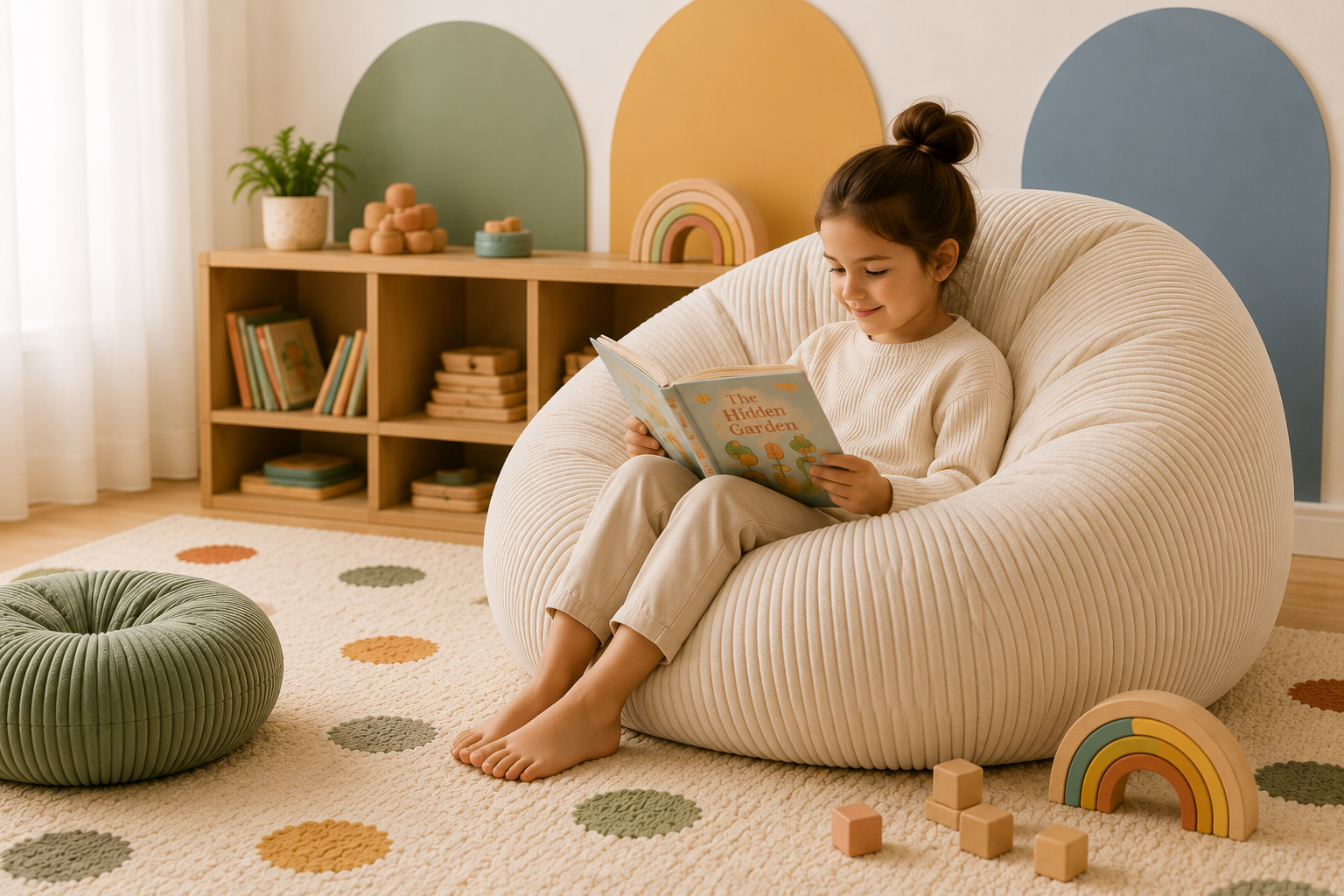 Child reading in a cream Naviku bean bag